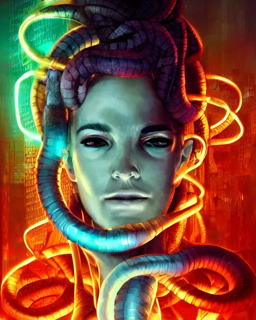 Image similar to muted, minimal, a cyberpunk close up portrait of cyborg medusa, electricity, snakes in hair, sparks, bokeh, soft focus, skin tones, warm, sky blue, daylight, by paul lehr, jesper ejsing