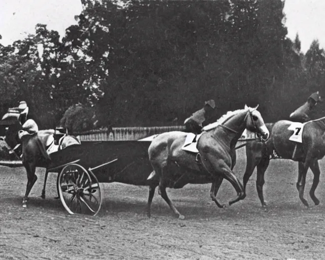 Image similar to a photo from the early 1900s of a horse racing an antique electric car