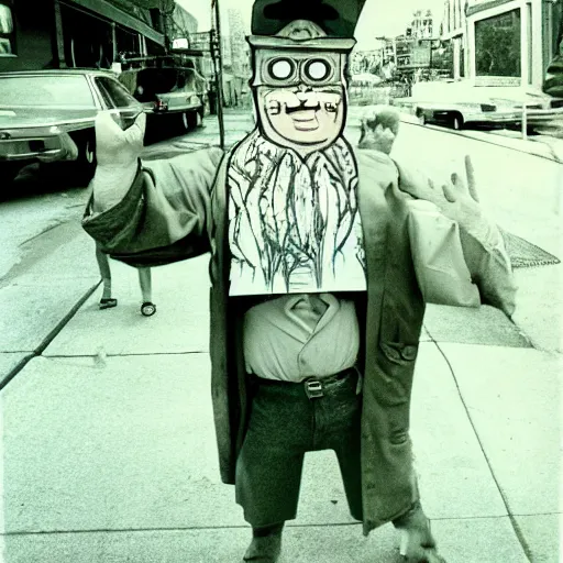 Prompt: early from squidbillies as a 1970s street performer, analog photography, realism
