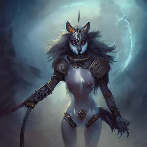 Prompt: anthropomorphic wolf woman wearing armor, digital painting, fantasy, ethereal, brooding, hellish background, art by peter mohrbacher, trending on artstation