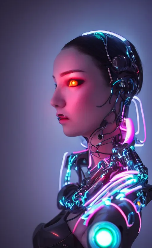 Prompt: “ a portrait of a beautiful cyberpunk woman with a robotic neck and glowing neon piercings, photography, 8 k dramatic lighting, strong depth of field ”