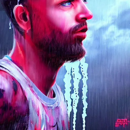 Image similar to splashes of neon clouds, mowhawk, punk portrait made out of paint with rain in the background, trending on artstation, epic composition, emotional, beautiful, rendered in octane, highly detailed, realistic, comic book art, sharp focus, matte painting, unreal engine