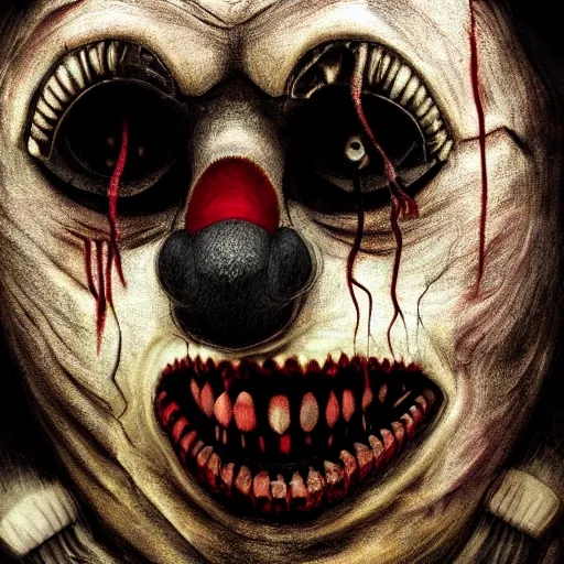 Prompt: dark fantasy, liminal space, horror, scary clown, h. r. giger style, 4 k