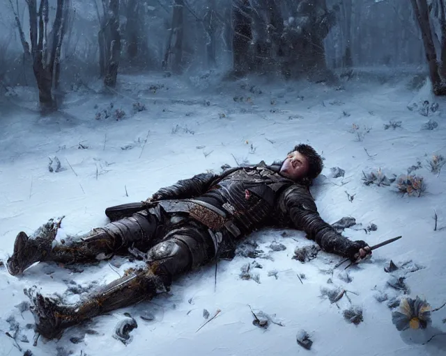 Image similar to Highly realistic oil painting of a wounded knight lying in the snow, surrounded by blue flowers, blood on flowers, by greg rutkowski, highly detailed, cinematic lighting, moody, dark