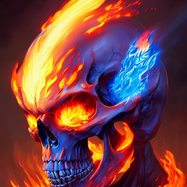 Image similar to flaming skull, blue flames, d & d, fantasy, portrait, highly detailed, headshot, digital painting, trending on artstation, concept art, sharp focus, illustration, art by artgerm and greg rutkowski and magali villeneuve