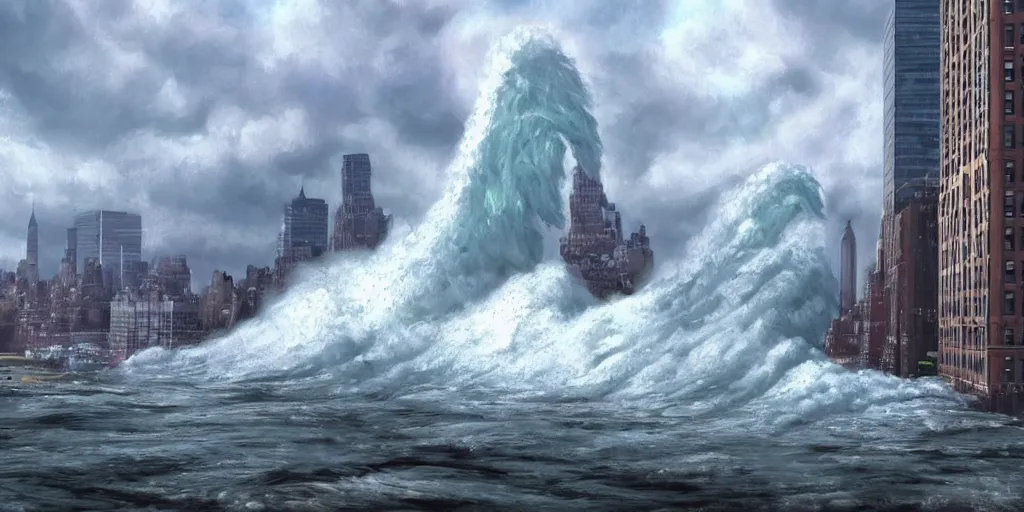 Prompt: a huge tidal wave crashing down on New York City, wide angle, super highly detailed, professional digital painting, artstation, concept art, smooth, sharp focus, no blur, no dof, extreme illustration, Unreal Engine 5, Photorealism, HD quality, 8k resolution, cinema 4d, 3D, beautiful, cinematic, art by artgerm and greg rutkowski and alphonse mucha and loish and WLOP