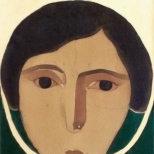 Image similar to A beautiful print. She looks up at me, up and down. She has short-cropped hair, and a scar on her left cheekbone: just a line of black against her deep tan, precise and geometrical. Her eyes are pale green. by Paula Modersohn-Becker swirling, composed