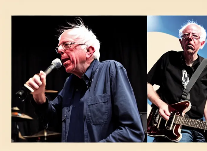 Image similar to publicity photo still of bernie sanders in a punk band playing live on stage, 8 k, live concert lighting, mid shot