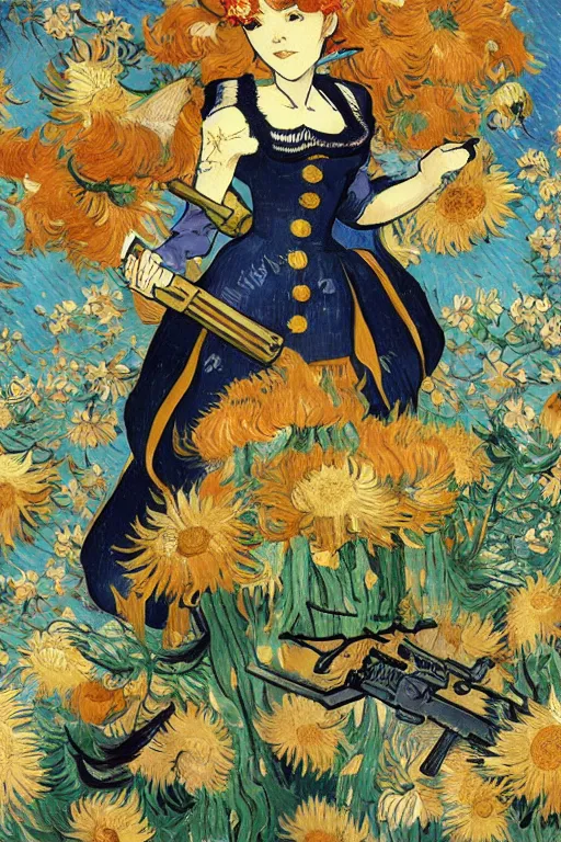 Image similar to beautiful anime goddess dressed as a military officer holding a gun, well - rendered, extra crisp, illustration pattern background with bizarre compositions and blend of flowers, fruits, birds by beto val painted by van gogh