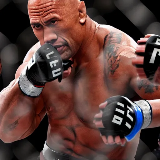 Image similar to dwayne the rock johnson fighting in the ufc, 4 k, photorealistic