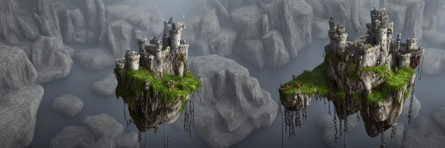 Prompt: hyper realistic cinematic view of floating castle hanging by chains in the air, in between a gorge, below only cloud dark void, 8 k resolution