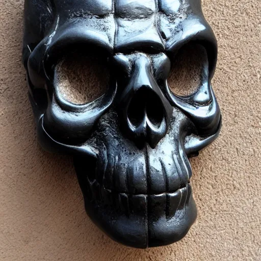 Image similar to perfect statue of evil skull mask made from black marble with gold, by johannes voss and michelangelo and donatello