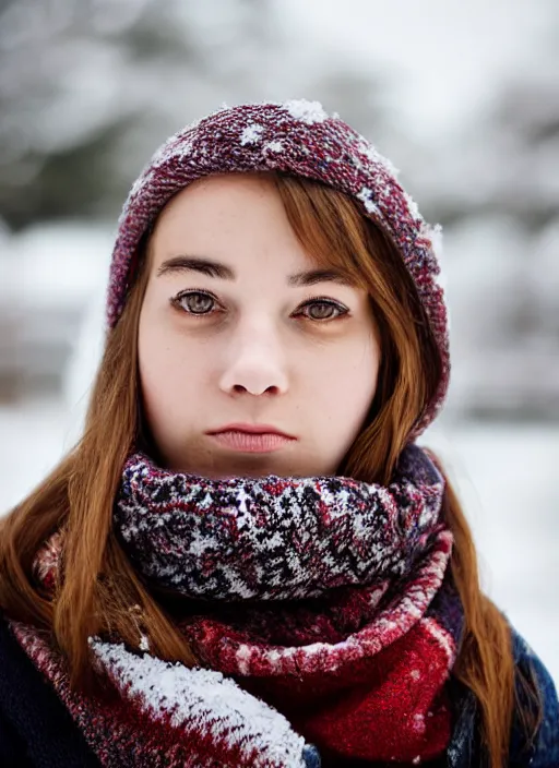 Prompt: portrait of a 2 3 year old woman, symmetrical face, scarf, snow, she has the beautiful calm face of her mother, slightly smiling, ambient light