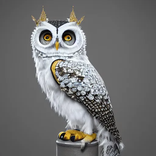 Prompt: detailed portrait of a ethereal bohemian white owl, wearing a diamond crown, glowing feathers, halfway through, hyper - detailed, stylistic, symmetrical, 3 d render, 8 k, octane render