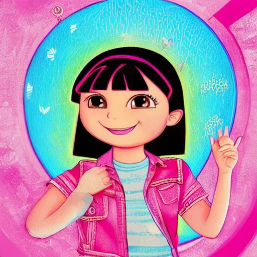 Prompt: dora the explorer as real girl in happy pose, detailed, intricate complex background, Pop Surrealism lowbrow art style, muted pastel colors, soft lighting, 50's looks by Kanjana Khumcruth (Gan)