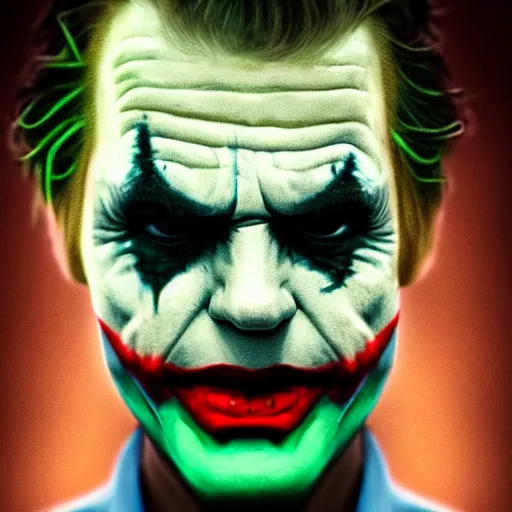 Image similar to cinematic portrait of steve burns as the joker, perfect face, neon rain, moody, elegant, by alyssa monks, highly detailed, symmetrical face, fine details, masterpiece, trending on artstation