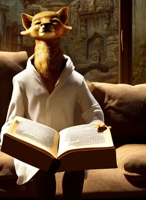 Image similar to A beautiful scene from a 2022 fantasy film featuring a humanoid fossa wearing loose white clothing reading an ancient tome on a couch. An anthropomorphic fossa. Golden hour.