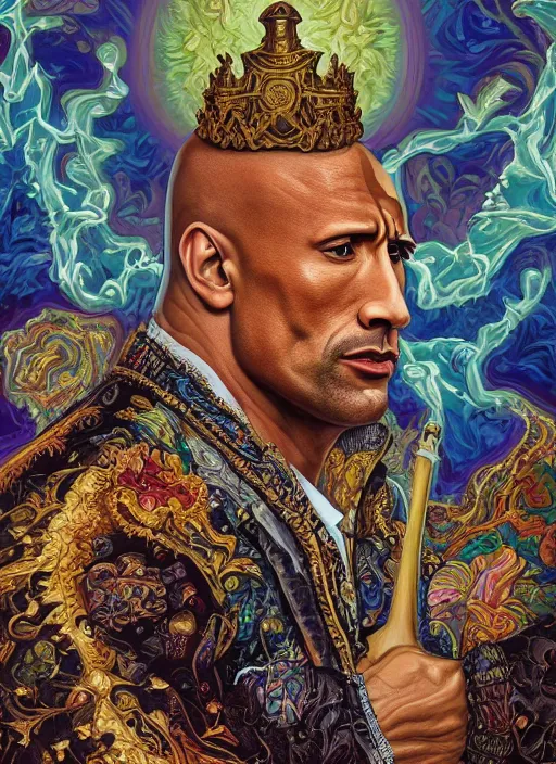 Prompt: beautiful oil painting, full body portrait of Dwayne the rock Johnson as Louis xiv in coronation robes 1701, Dan Mumford, Dan Mumford, Alex grey, Alex grey, lsd visuals, dmt fractal patterns, entheogen, psychedelic, hallucinogen, highly detailed, ornate, vaporwave