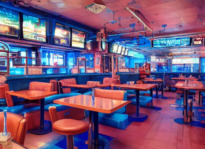 Image similar to interior of an american diner in arkansas, cyberpunk style, hyperrealistic and beautiful painting, 8 k resolution, by hugh ferris and john smith, polished, fine detail, intricate, blue color scheme, smooth, octane, concept art, trending on artstation