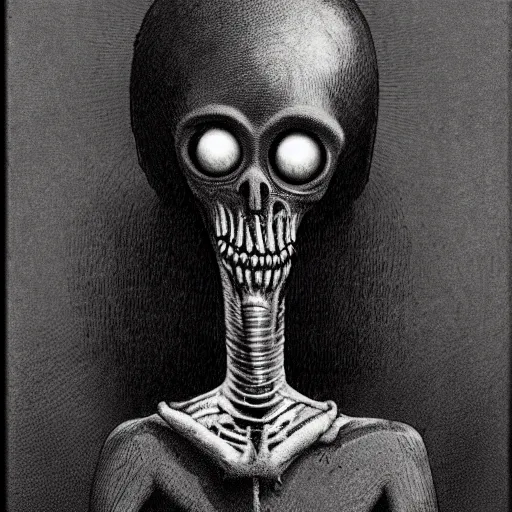 Image similar to humanoid with crooked teeth, black eyes, gaping mouth, alien looking, big forehead, horrifying, killer, creepy, dead, monster, tall, skinny, open mouth, deathly, in the style of alfred kubin