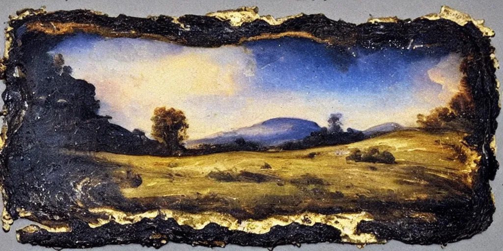 Prompt: melted romantic painting of a landscape, on a poststamp