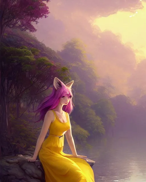 Image similar to an anthropomorphic fox girl wearing a simple yellow sundress, she has purple hair and two pointed black ears, beautiful lake background, illustration by greg rutkowski, thomas kindkade, loish, artstation, furaffinity, deviantart