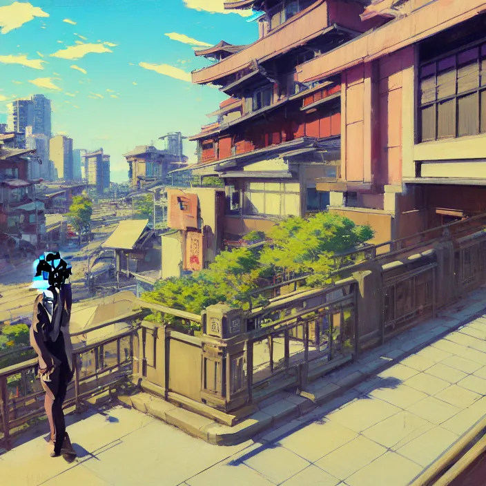 Image similar to front view painting of a stone railing urban japanese city in the background in the style of cowboy bebop, anime style, calm, sunny day, bright, artwork by jeremy lipkin and giuseppe dangelico pino and michael garmash and rob rey and greg manchess and huang guangjian and makoto shinkai, sharp edges, simple form, 1 0 0 mm