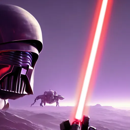 Image similar to robot wielding lightsaber in front of a violet planet, unreal engine, featured on cgsociety, trending on artstation, detailed, scifi futuristic character concept, greg rutkowski, movie poster, octane render, hyperrealistic, cinematic