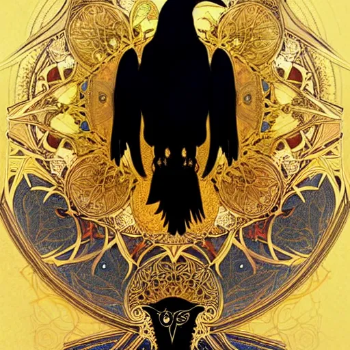 Image similar to beautiful mandala of ravens, fully symmetrical, fantasy, golden ornamental, detailed digital painting, artstation, concept art, painterly, sharp focus, illustration, art by John Collier and Krenz Cushart and Artem Demura and Rafael and Alphonse Mucha and Albert Aublet