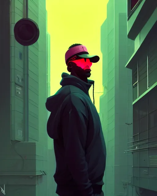 Image similar to neo - noir artstyle, hyper - realistic detailed portrait of a man in a hoodie, with neon visor, by atey ghailan, by greg rutkowski, by greg tocchini, by james gilleard, by joe fenton, by kaethe butcher, sharp focus