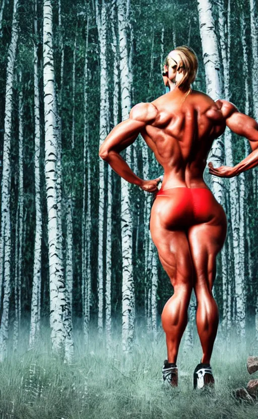 Image similar to photo of superbodybuilder woman posing standing with back in birch forest in jeff koons hip hop bauhaus style, beautiful detailed face, ultra realistic, concept art, intricate details, serious, highly detailed, photorealistic, octane render, 8 k, unreal engine, natural light, art by todd mcfarlane