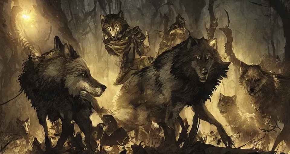 Image similar to WOLVES AND THEIR TREASURES. By Travis Charest, James Gurney, and Ashley Wood. dramatic lighting. Magic the gathering. digital painting.