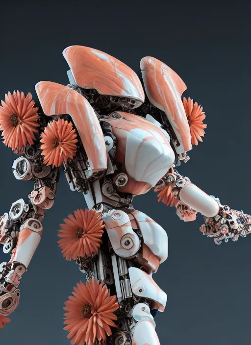 Image similar to biomechanical corals, daisies, well contoured smooth fair walls with marble mecha carrying a bottle of perfume, up close shot, sharp focus, global illumination, radiant light, alexandre ferra white mecha, irakli nadar, octane highly render, 4 k, ultra hd,