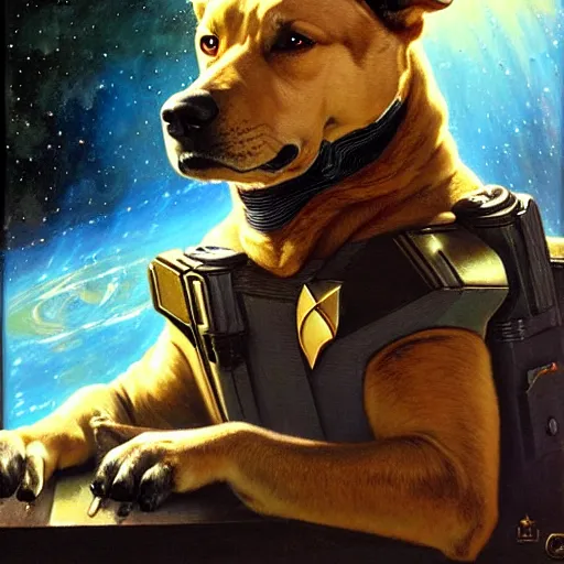 Image similar to a portrait of a manly canine sterfleet officer, star trek the next generation, in front of a console, space battle. highly detailed painting by gaston bussiere, craig mullins, j. c. leyendecker, furry
