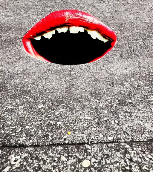 Image similar to phone photography of a mouth open on the ground, realistic photo, phone, looming, colorful, daytime, eerie,