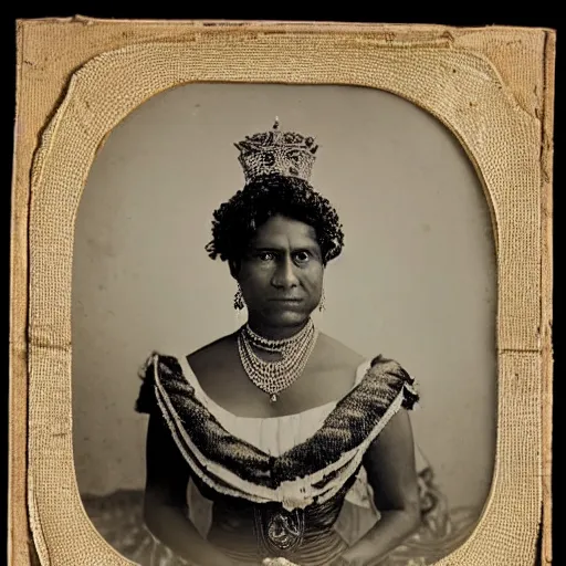 Prompt: the queen of fiji, portrait from mid 1800s, white tones