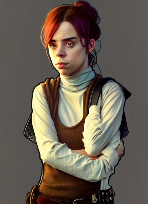 Image similar to portrait of a full body of beautiful young female detective, d & d, sleeveless turtleneck, fantasy, flat lighting, intricate, highly detailed, digital painting, artstation, concept art, smooth, sharp focus, illustration, billie eilish, art by simon bisley and greg rutkowski and alphonse mucha, natural tpose