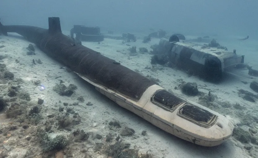 Image similar to an abandoned city underwater next to a luxurious submarine