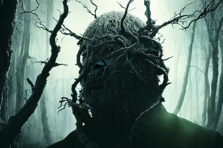 Prompt: an ultra realistic, cinematic, headshot portrait, of an evil tree wizard, kanye west, fantasy, elden ring, branches wrapped, facial features, background of a vast serene landscape, with trees and rivers, detailed, deep focus, movie still, dramatic lighting, ray tracing, by michal karcz and yoshitaka amano