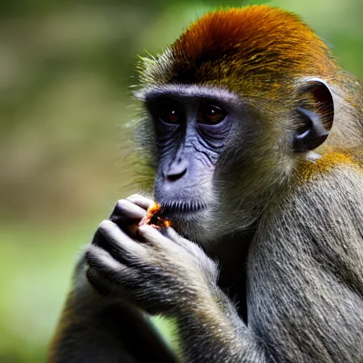 Image similar to a national geographic award winning photograph of a monkey smoking a joint