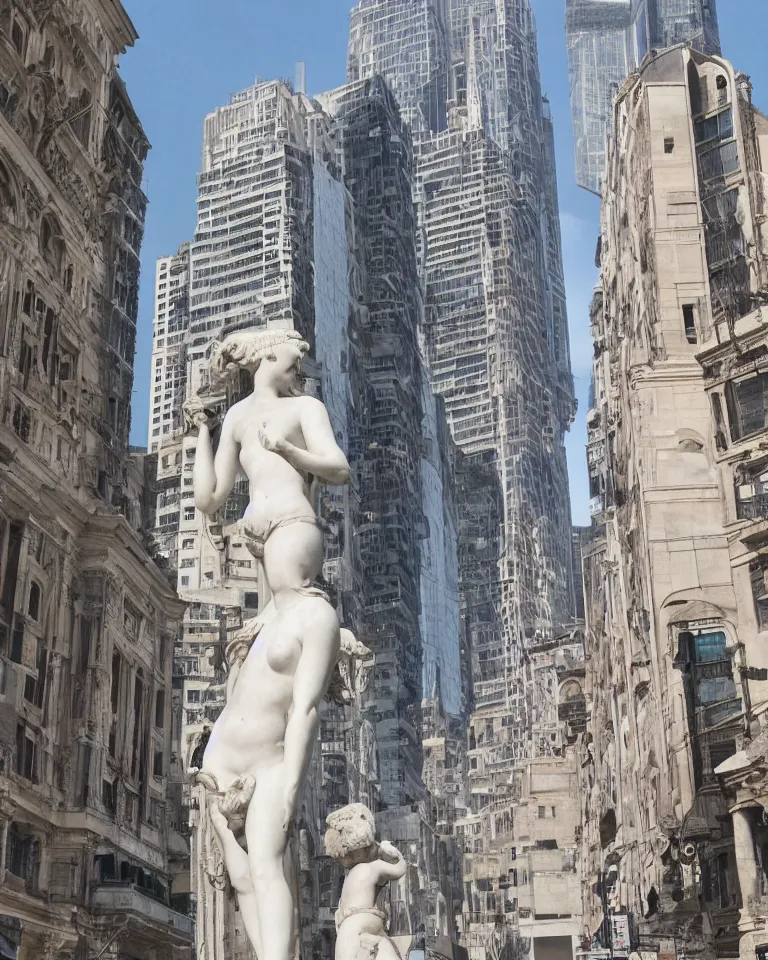 Image similar to an achingly beautiful roman marble sculpture standing alone amid a bustling futuristic metropolis.