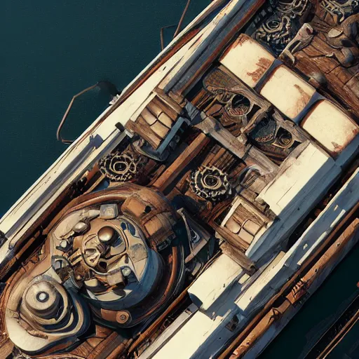 Prompt: top down view of a texture, messy motor room boat, ancient mecanism, steampunk, substance painter material, artstation, octane render, vray, 4 k