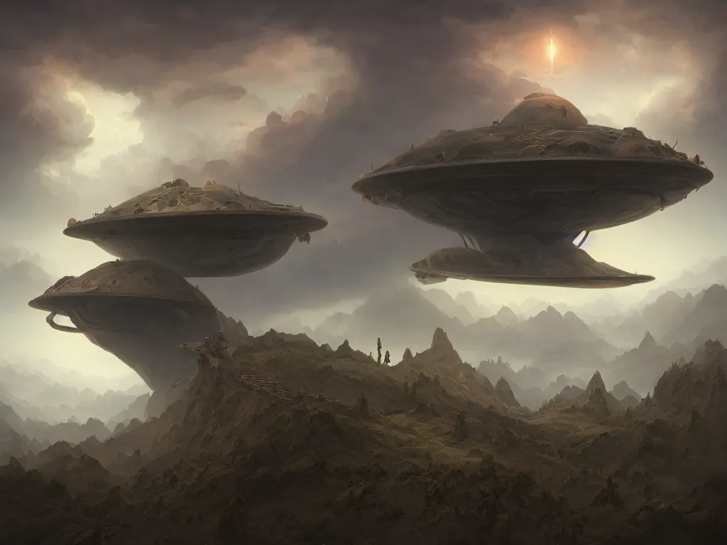 Image similar to a beautiful matte painting of a singular ufo by peter mohrbacher and m. c. escher and gustave dore and sam spratt, cinematic, dynamic lighting, concept art, realistic, realism, colorful