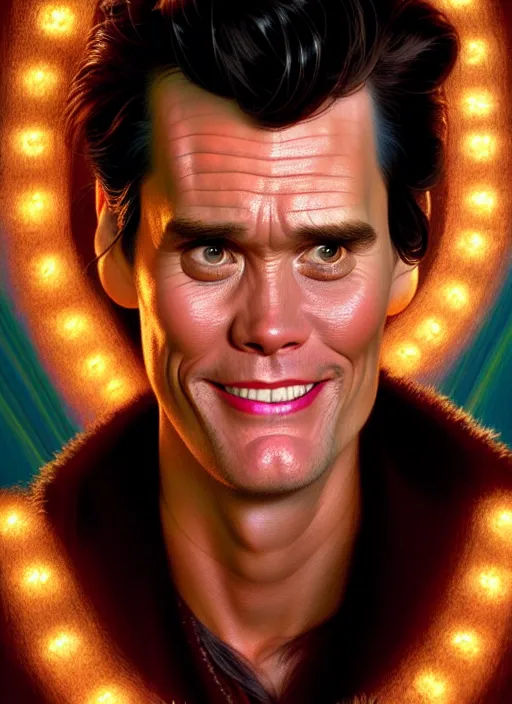 Image similar to portrait of ace ventura jim carrey, glowing lights intricate, elegant, highly detailed, digital painting, artstation, concept art, smooth, sharp focus, illustration, art by artgerm and greg rutkowski and alphonse mucha, 8 k