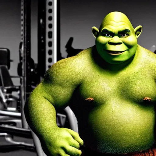 Prompt: shrek goes to the gym to get ripped