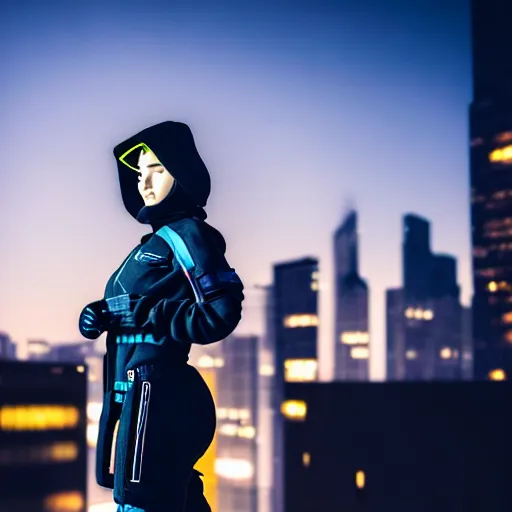 Image similar to photographic portrait of a techwear woman, closeup, on the rooftop of a futuristic city at night, sigma 85mm f/1.4, 4k, depth of field, high resolution, full color