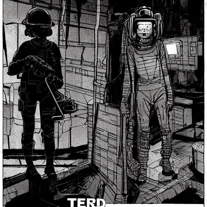 Image similar to tired sadie sink as a miner waits in a queue to a scifi cube room. set outside a coal mine. storyboard, scifi cyberpunk. by gabriel hardman, joe alves, chris bonura. cinematic atmosphere, detailed and intricate, perfect anatomy