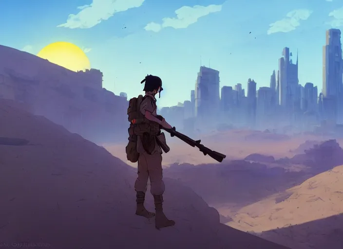 Prompt: cel shading background studio ghibli, soldier roaming through desert with city in the skyline, two suns, purple orange colors, sharp focus, illustration, highly detailed, digital painting, concept art, matte, art by wlop and artgerm and greg rutkowski, masterpiece