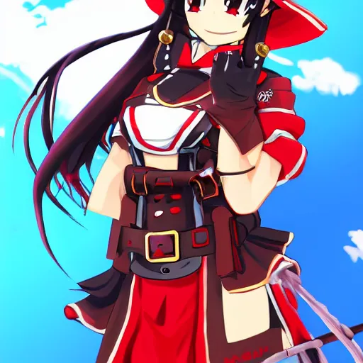 Image similar to Houshou Marine. Hololive character. Anime girl, 宝鐘マリン. Red pirate outfit and black pirate tricorn. Her hat is BLACK colored. Ahoy! Pirate girl ANIME drawing. brickred outfit colorscheme. Her name is Houshou Marine. Anime cute face. Yun Jin artist. Naoki Saito artist