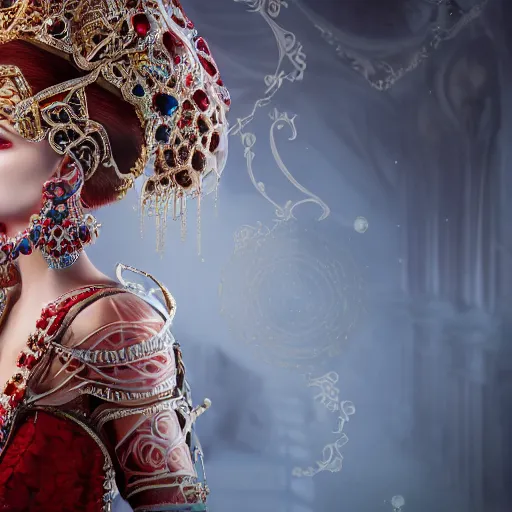 Image similar to photograph of wonderful princess with smooth fair skin, alluring eyes, red jewelry, breathtaking, elegant, ornate, intricate, hyper detailed, accent lighting, dramatic light, 4 k octane render